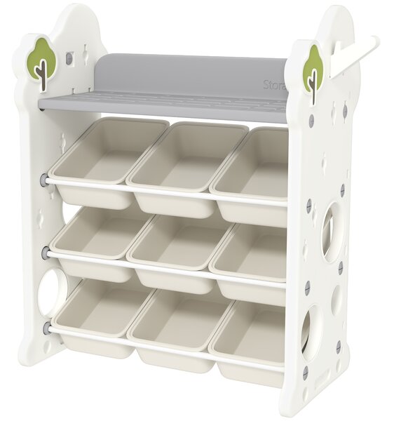 AIYAPLAY Scaffale Portagiochi a 4 Livelli con 9 Contenitori e Gancio Laterale, in HDPE, 77x42x94 cm, Bianco Crema