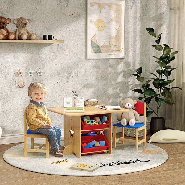 AIYAPLAY Set Tavolo e Sedie per Bambini 3-7 Anni con 2 Sedie e Tavolo con 4 Contenitori, in Legno e PP, color Legno