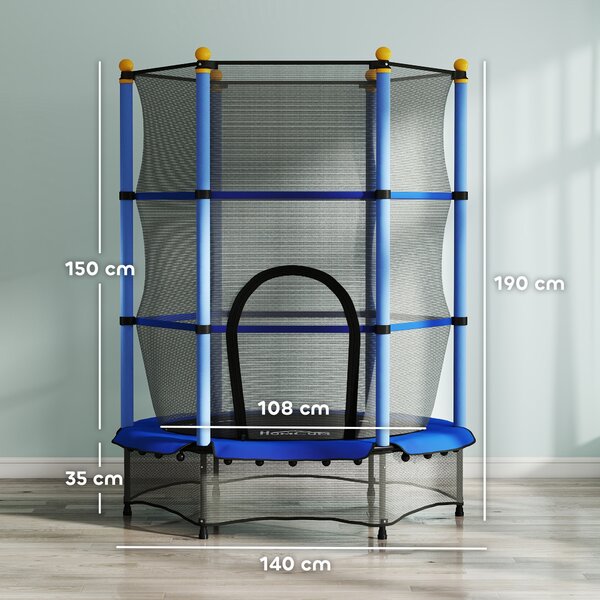 HOMCOM Tappeto Elastico per Bambini con Rete di Sicurezza e Pali Imbottiti Età 3-10 Anni, Ø140 x 190 cm, Blu