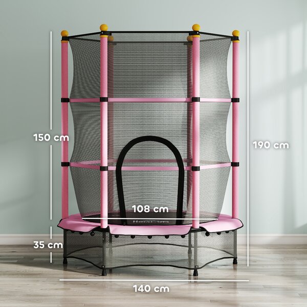 HOMCOM Tappeto Elastico per Bambini con Rete di Sicurezza e Pali Imbottiti Età 3-10 Anni, Ø140 x 190 cm, Rosa