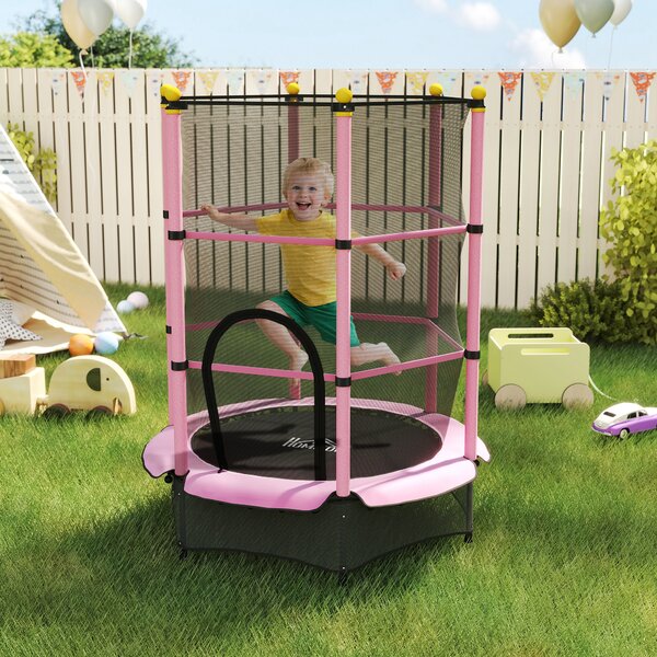 HOMCOM Tappeto Elastico per Bambini con Rete di Sicurezza e Pali Imbottiti Età 3-10 Anni, Ø140 x 190 cm, Rosa