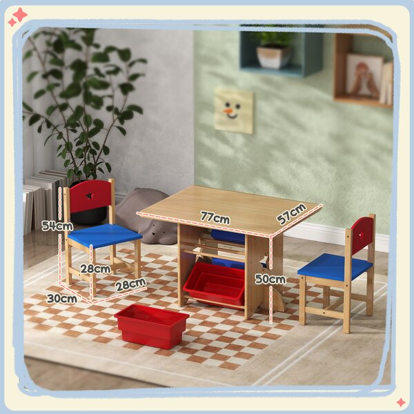AIYAPLAY Set Tavolo e Sedie per Bambini 3-7 Anni con 2 Sedie e Tavolo con 4 Contenitori, in Legno e PP, color Legno
