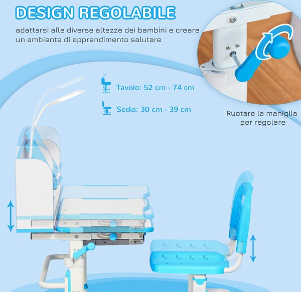 HOMCOM Banco Scuola per Bambini 6-12 Anni Regolabile con Luce LED, Leggio e Portapenne, in MDF, PP e Acciaio, Azzurro