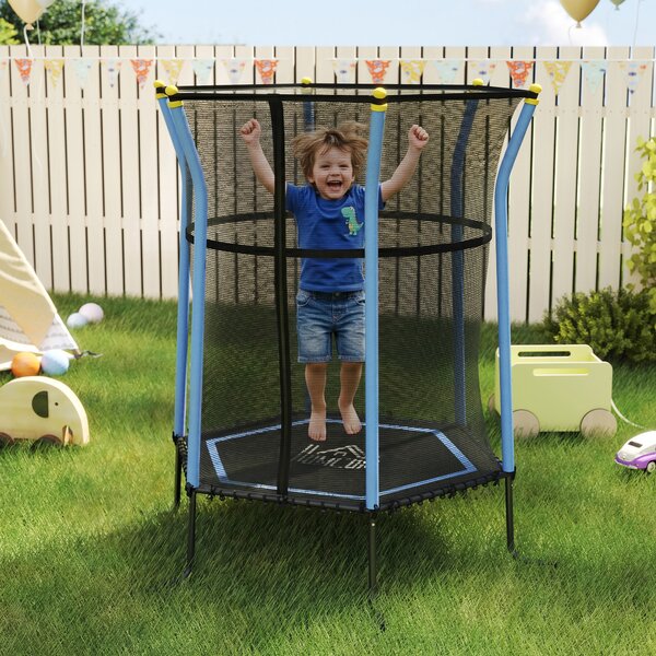 HOMCOM Tappeto Elastico per Bambini con Ingresso a Cerniera e Pali Imbottiti, in Acciaio, PP e EPE, Ø163.5x190 cm, Azzurro