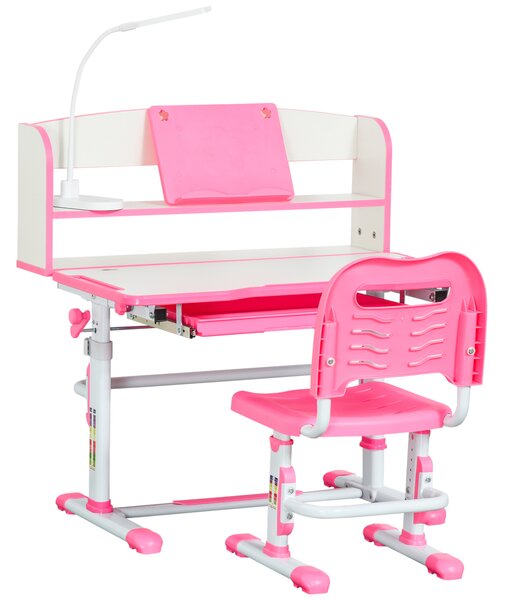 HOMCOM Banco Scuola per Bambini 6-12 Anni Regolabile con Luce LED, Leggio e Portapenne, in MDF, PP e Acciaio, Rosa