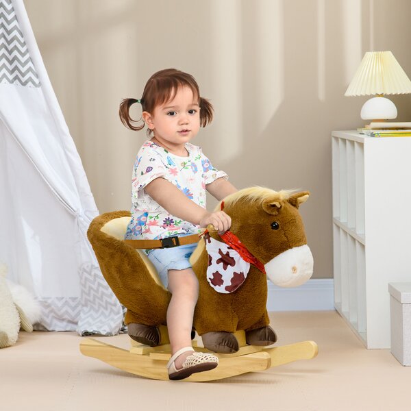 HOMCOM Cavallo a Dondolo per Bambini da 18-36 Mesi con Suoni Realistici, 60x33x50 cm, Marrone e color Legno|Aosom