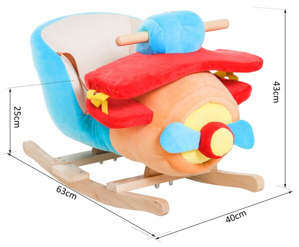 HOMCOM Dondolo a Forma di Aeroplano per Bambini di Età Superiore a 18 Mesi con Musica Incorporata in Legno Alamo, Max:60kg 60x33x45cm|Aosom