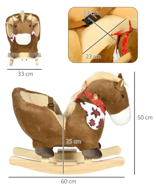 HOMCOM Cavallo a Dondolo per Bambini da 18-36 Mesi con Suoni Realistici, 60x33x50 cm, Marrone e color Legno|Aosom