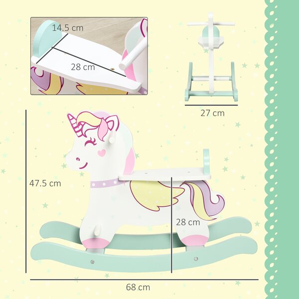 AIYAPLAY Cavallo a Dondolo per Bambini 1-3 Anni con Maniglie, Schienale e Pedali in MDF, 68L x 27P x 47.5A cm, Blu Rosa Bianco|Aosom