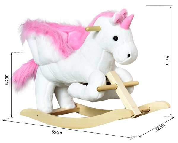 HOMCOM Cavallo a Dondolo a Forma di Unicorno con Musica, Struttura in Metallo e Legno, Rivestimento Peluche, 65x32x55cm, Bianco Rosa|Aosom