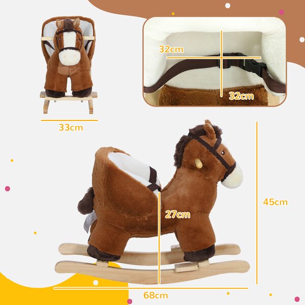 AIYAPLAY Cavallo a Dondolo per Bambini 18-36 Mesi con Suoni, Base in Legno e Cintura di Sicurezza, Marrone