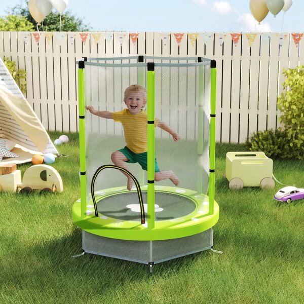 AIYAPLAY Trampolino Elastico per Bambini Ø140 cm con Rete di Sicurezza e Disegni, Età 3-6 Anni, Verde