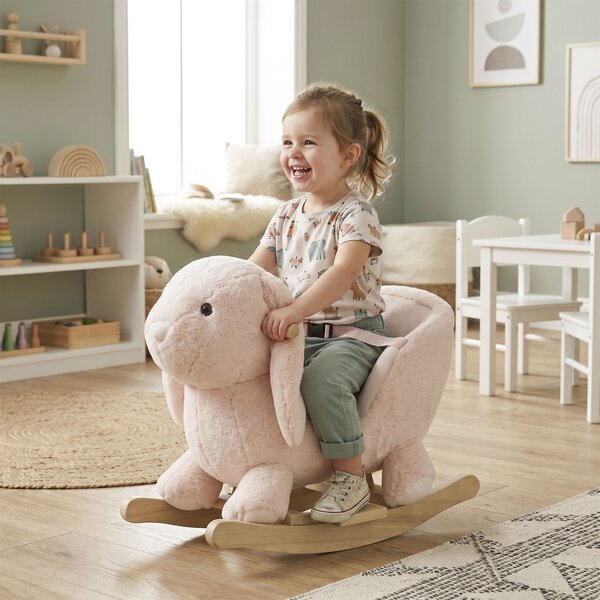 HOMCOM Cavallo a dondolo stile coniglio seduta imbottita con suono 3 LR44 batterie per bambini 18-36 mesi rosa Max.carico 40kg|Aosom