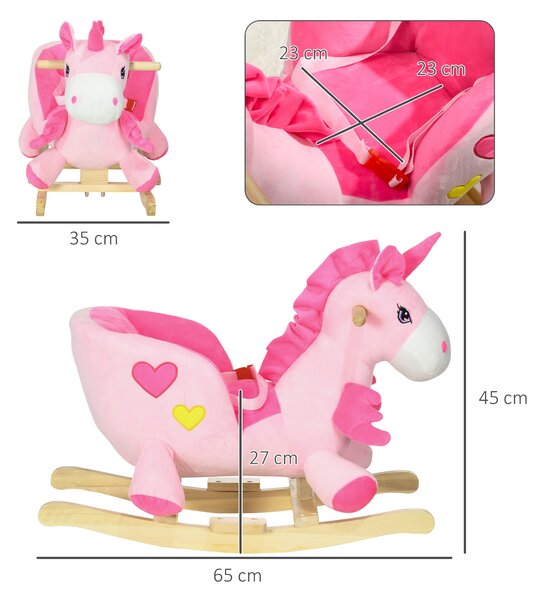 HOMCOM Cavallo a Dondolo Unicorno con 32 Canzoni, Base in Legno e Cintura di Sicurezza, Età 18-36 Mesi, Rosa|Aosom