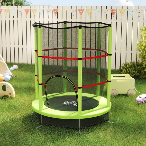 HOMCOM Tappeto Elastico per Bambini 3-6 Anni con Rete di Protezione, 6 Colonne e 3 Ingressi, Ø140x190 cm, Verde e Nero