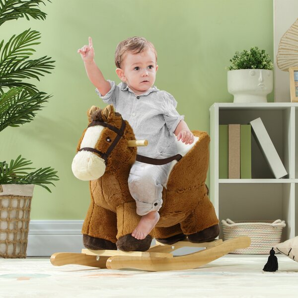 AIYAPLAY Cavallo a Dondolo per Bambini 18-36 Mesi con Suoni, Base in Legno e Cintura di Sicurezza, Marrone