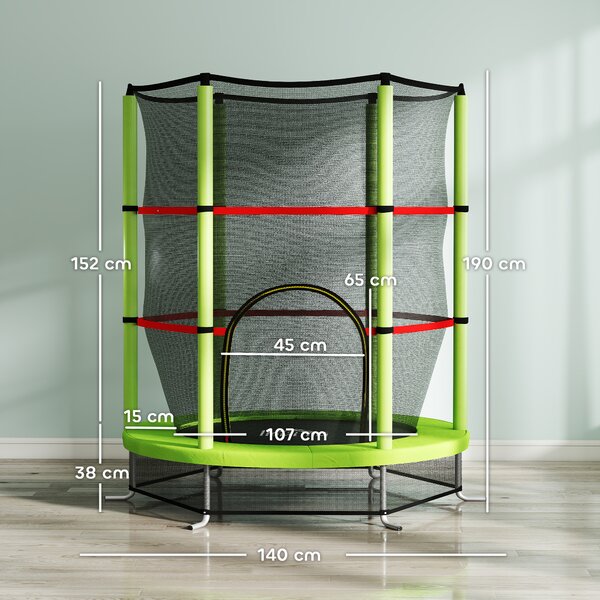 HOMCOM Tappeto Elastico per Bambini 3-6 Anni con Rete di Protezione, 6 Colonne e 3 Ingressi, Ø140x190 cm, Verde e Nero