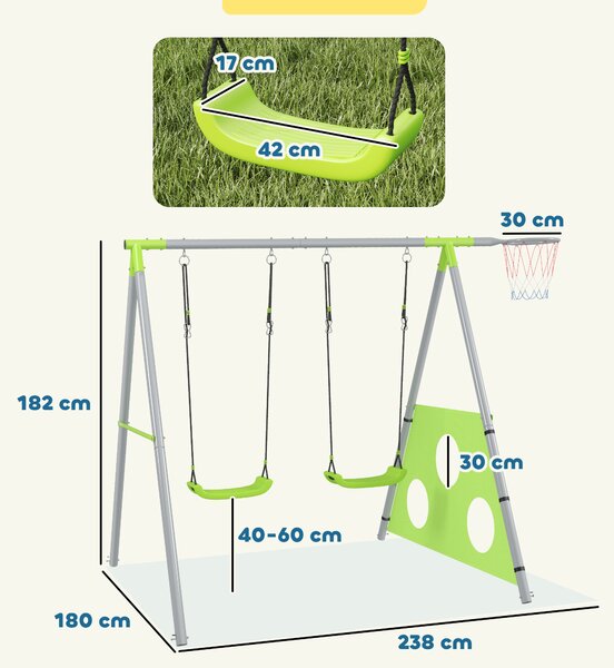 AIYAPLAY Gioco per Bambini 3 in 1 con Altalena da Giardino, Canestro e Porta da Calcio, 238x180x182 cm,, Verde e Grigio