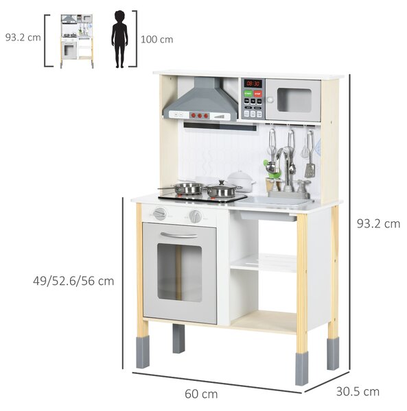 AIYAPLAY Cucina Giocattolo per Bambini con Altezza Regolabile, Suoni, Luci e Utensili, in MDF e PP, 60x30.5x93.2 cm|Aosom