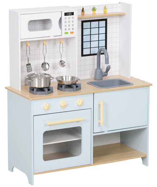 AIYAPLAY Cucina Giocattolo per Bambini con Fornelli e Armadietti, in Acciaio, Legno e PP, 72x33x85.2 cm, Blu e Bianco