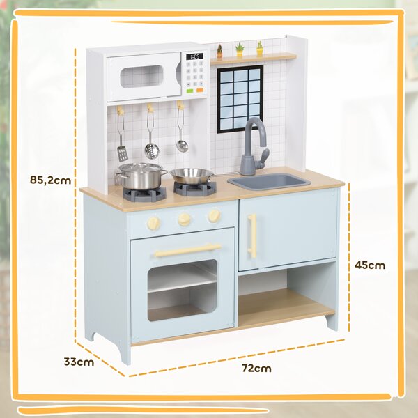 AIYAPLAY Cucina Giocattolo per Bambini con Fornelli e Armadietti, in Acciaio, Legno e PP, 72x33x85.2 cm, Blu e Bianco