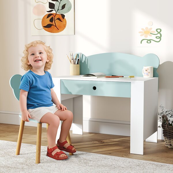 AIYAPLAY Set Scrivania per Bambini con Cassetto e Sedia con Schienale a Orsetto, Età 3-8 Anni, Verde | Aosom Italy