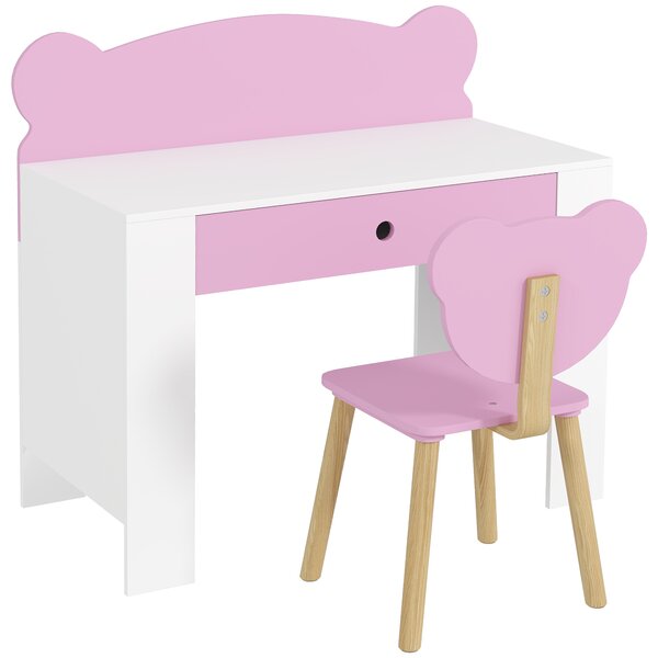 AIYAPLAY Set Scrivania per Bambini con Cassetto e Sedia con Schienale a Orsetto, Età 3-8 Anni, Rosa | Aosom Italy