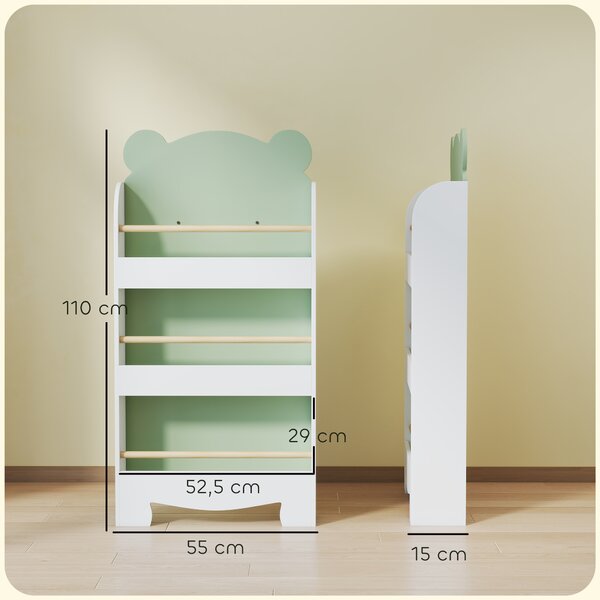 AIYAPLAY Libreria per Bambini con 3 Ripiani a Forma di Orsetto con Barriere Frontali, 55x15x110 cm, Verde | Aosom Italy