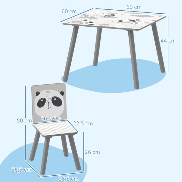 ZONEKIZ Set Tavolino e 2 Sedie per Bambini 3-8 Anni in MDF e Legno di Pino, Grigio