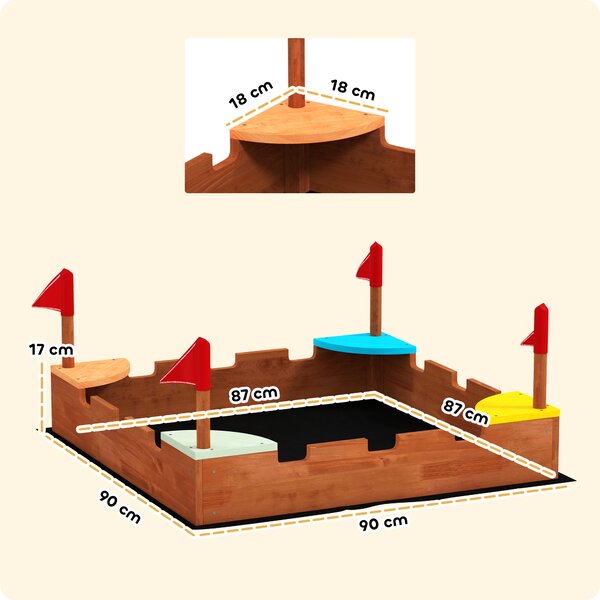AIYAPLAY Sabbiera per Bambini 3-7 Anni a Forma di Castello con 4 Sedute in Legno di Abete, 90x90x17 cm, Multicolore | Aosom Italy