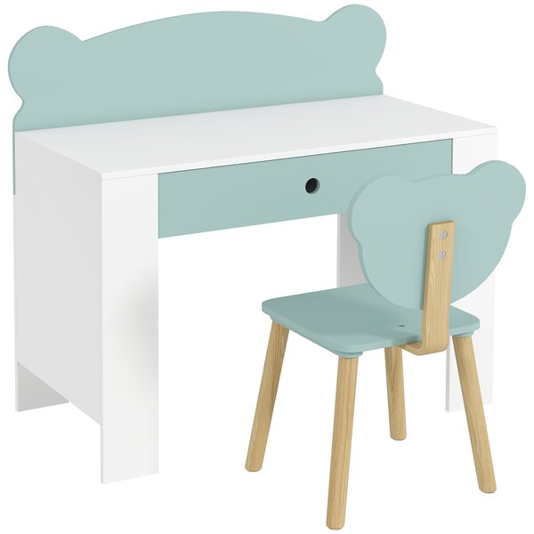AIYAPLAY Set Scrivania per Bambini con Cassetto e Sedia con Schienale a Orsetto, Età 3-8 Anni, Verde | Aosom Italy