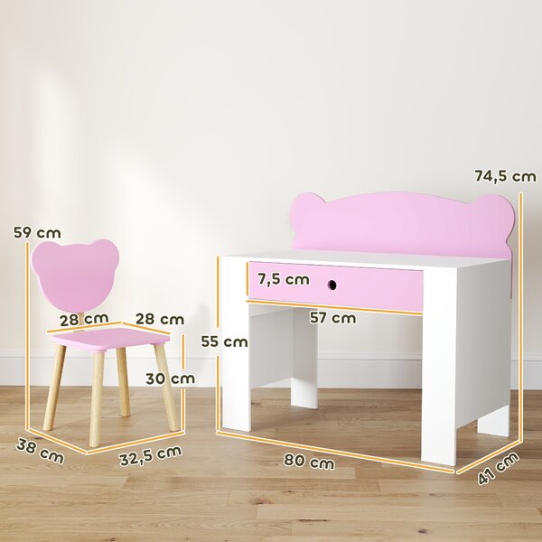AIYAPLAY Set Scrivania per Bambini con Cassetto e Sedia con Schienale a Orsetto, Età 3-8 Anni, Rosa | Aosom Italy