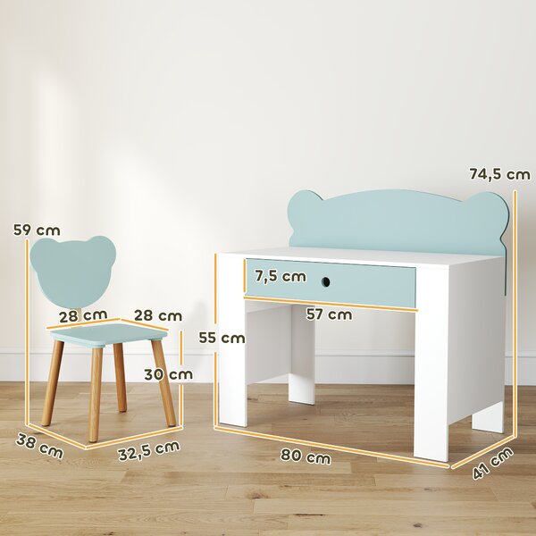 AIYAPLAY Set Scrivania per Bambini con Cassetto e Sedia con Schienale a Orsetto, Età 3-8 Anni, Verde | Aosom Italy
