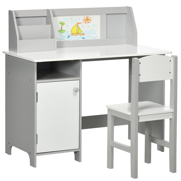 HOMCOM Set Tavolo e Sedie per Bambini 5+ Anni in Legno con Banco Scuola e Sedia Bianco e Grigio | Aosom Italy