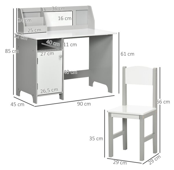 HOMCOM Set Tavolo e Sedie per Bambini 5+ Anni in Legno con Banco Scuola e Sedia Bianco e Grigio | Aosom Italy