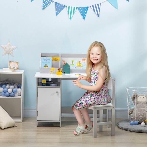 HOMCOM Set Tavolo e Sedie per Bambini 5+ Anni in Legno con Banco Scuola e Sedia Bianco e Grigio | Aosom Italy