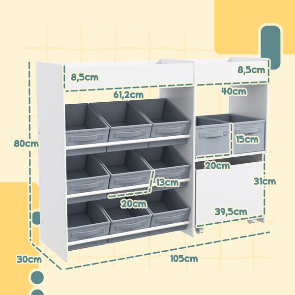 AIYAPLAY Mobile Portagiochi per Bambini con 11 Cestini in Tessuto, Armadietto e Ripiani, 105x30x80 cm, Bianco | Aosom Italy