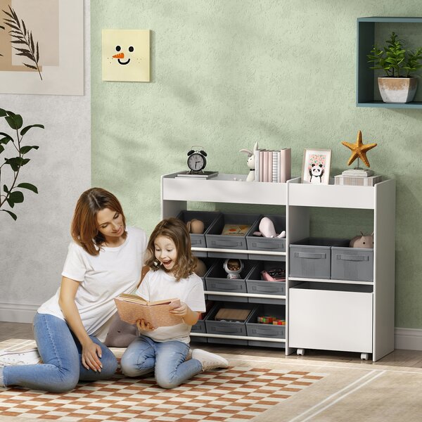 AIYAPLAY Mobile Portagiochi per Bambini con 11 Cestini in Tessuto, Armadietto e Ripiani, 105x30x80 cm, Bianco | Aosom Italy