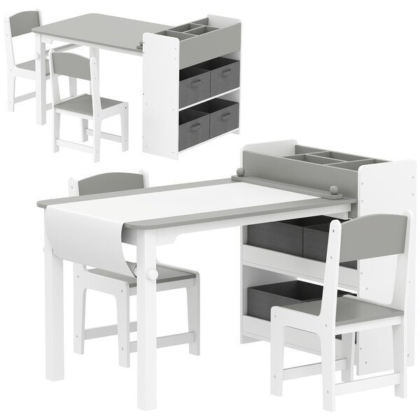 AIYAPLAY Set Tavolo e Sedie per Bambini con 2 Sedie e Tavolino Contenitore, in Legno e Tessuto non Tessuto, Grigio e Bianco | Aosom Italy