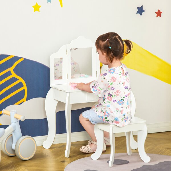 HOMCOM Tavolo da Trucco per Bambini con Sgabello e Triplo Specchio, in Legno e Acrilico, 63x40x85.5 cm, Bianco | Aosom Italy