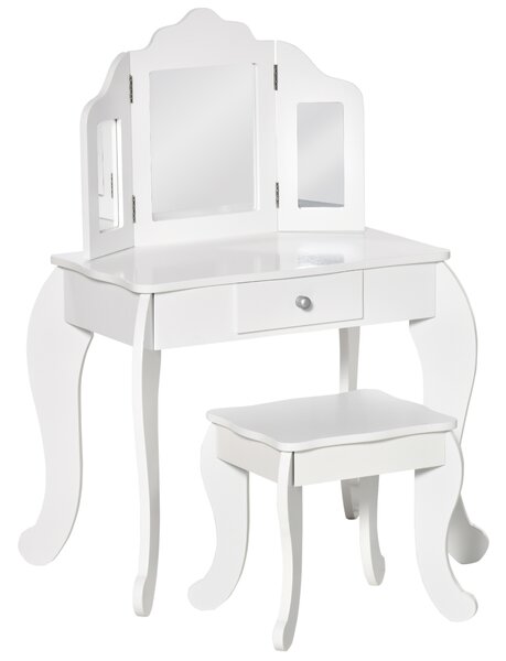 HOMCOM Tavolo da Trucco per Bambini con Sgabello e Triplo Specchio, in Legno e Acrilico, 63x40x85.5 cm, Bianco | Aosom Italy