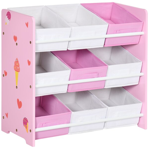 ZONEKIZ Mobiletto Portagiochi con 9 Cestini Rimovibili in Legno e Tessuto, 63x30x60 cm, Rosa e Bianco | Aosom Italy