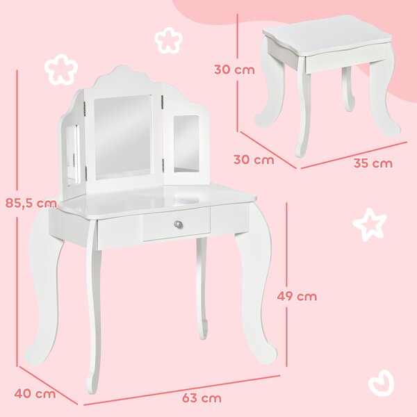 HOMCOM Tavolo da Trucco per Bambini con Sgabello e Triplo Specchio, in Legno e Acrilico, 63x40x85.5 cm, Bianco | Aosom Italy