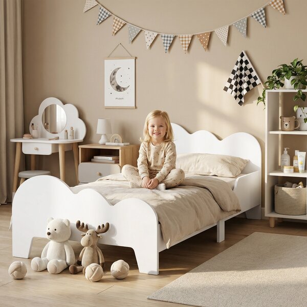 AIYAPLAY Letto Montessori per Bambini 3-8 Anni, 143.5x74.5 cm con Sponde Anti-Caduta, Forma di Nuvola in Legno, Bianco | Aosom Italy