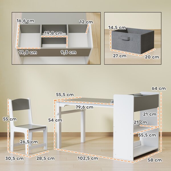 AIYAPLAY Set Tavolo e Sedie per Bambini con 2 Sedie e Tavolino Contenitore, in Legno e Tessuto non Tessuto, Grigio e Bianco | Aosom Italy