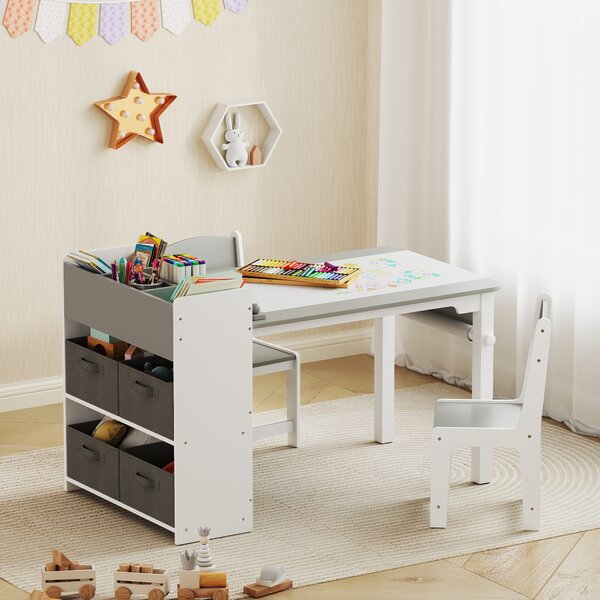 AIYAPLAY Set Tavolo e Sedie per Bambini con 2 Sedie e Tavolino Contenitore, in Legno e Tessuto non Tessuto, Grigio e Bianco | Aosom Italy
