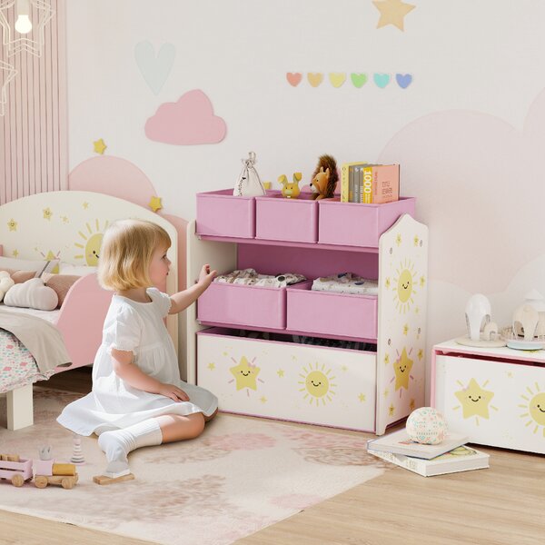 AIYAPLAY Scaffale Portagiochi Bambini a 3 Livelli con 6 Contenitori in Tessuto Rimovibili, Mobile Porta Giocattoli per Camera da Letto, Soggiorno e Camera dei Giochi, Rosa | Aosom Italy