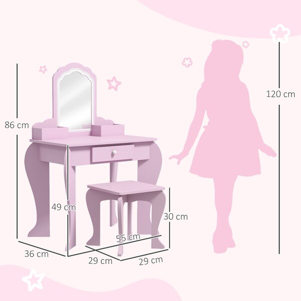 ZONEKIZ Set Toeletta per Bambina con Specchio Trucco e Sgabello Abbinato in Legno, Cassetto e Contenitori, Rosa | Aosom Italy