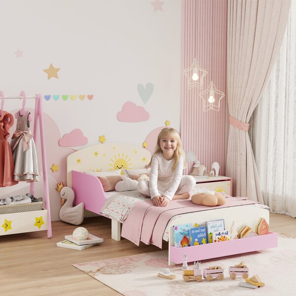 AIYAPLAY Letto per Bambini 3-8 Anni Basso in Legno con Spazio Contenitore e Sponde Laterali, 150x77x60 cm, Rosa | Aosom Italy