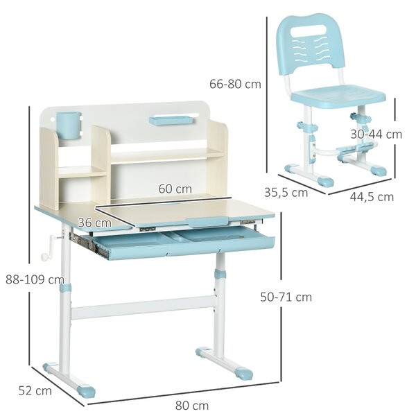HOMCOM Set Scrivania e Sedia per Bambini da 3 Anni Regolabile, Tavolo Inclinabile a 60° con Cassetto e Ripiani, Blu | Aosom Italy